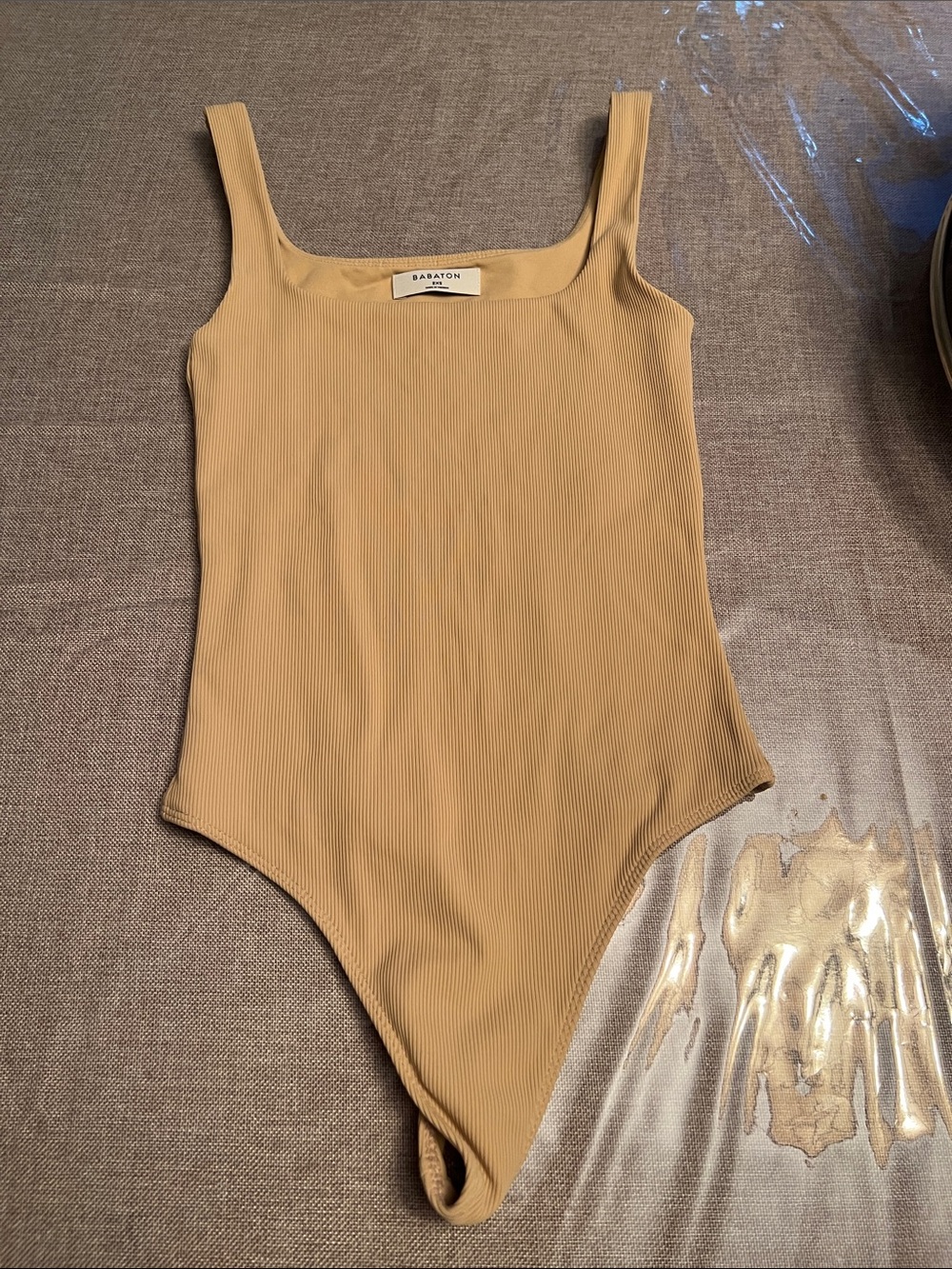 Babaton ribbed square-neck bodysuit - beige